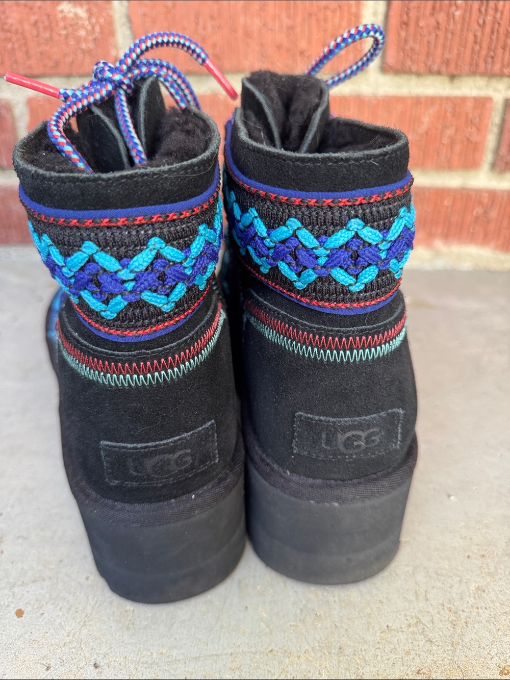 UGG Mini II Braid Platform Boots Womens Black Suede Embroidered Lace Up - Picture 4 of 7